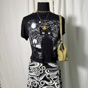 Black Cat Starry Night Cropped Baby Tee ~ size M/L